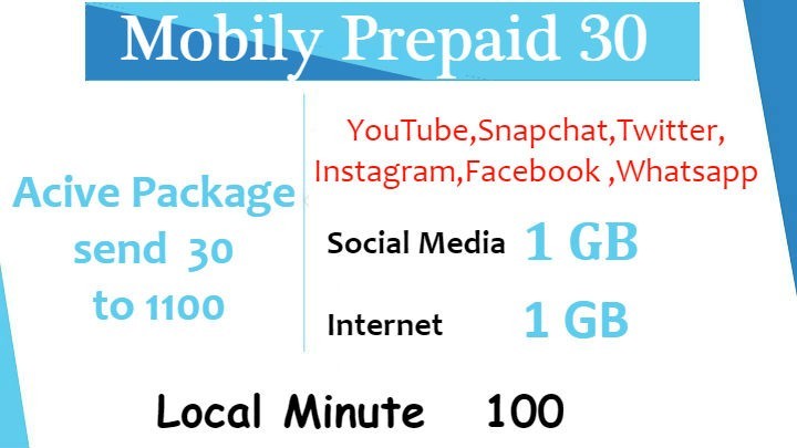 Mobily Prepaid 30 Social Media + Internet plus local Minute Activation